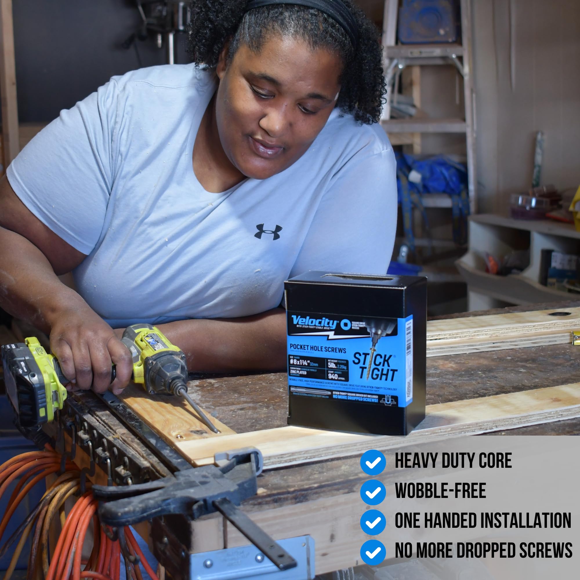 Velocity 1 1/4 Pocket Hole Screws (Size #8, 1 Lb) – Stick Tight Technology, Washer Head with Square Drive & 3" Driver Bit, Zinc Plated Screws for Wood (188 Pieces) - Image 3