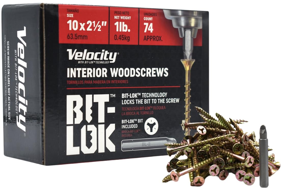 Velocity 2 1/2" Interior Wood Screws (Size #10) - Bit-Lok Technology Zero Force to Install Construction Screws, Zinc & Yellow Coating, Wood Repair Kit with Bit-Lok Drive Bit, 1 LB Box