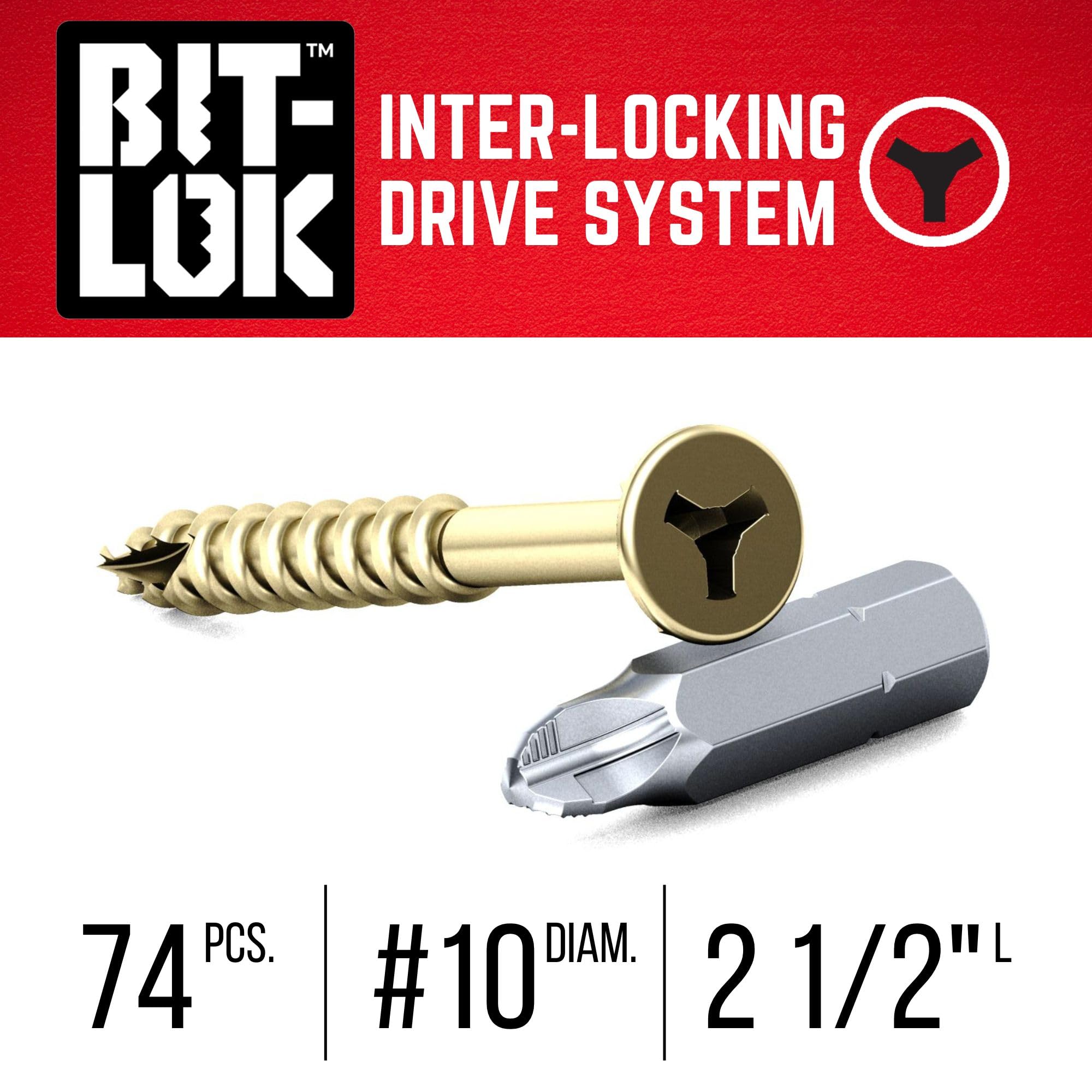 Velocity 2 1/2" Interior Wood Screws (Size #10) - Bit-Lok Technology Zero Force to Install Construction Screws, Zinc & Yellow Coating, Wood Repair Kit with Bit-Lok Drive Bit, 1 LB Box - Image 3
