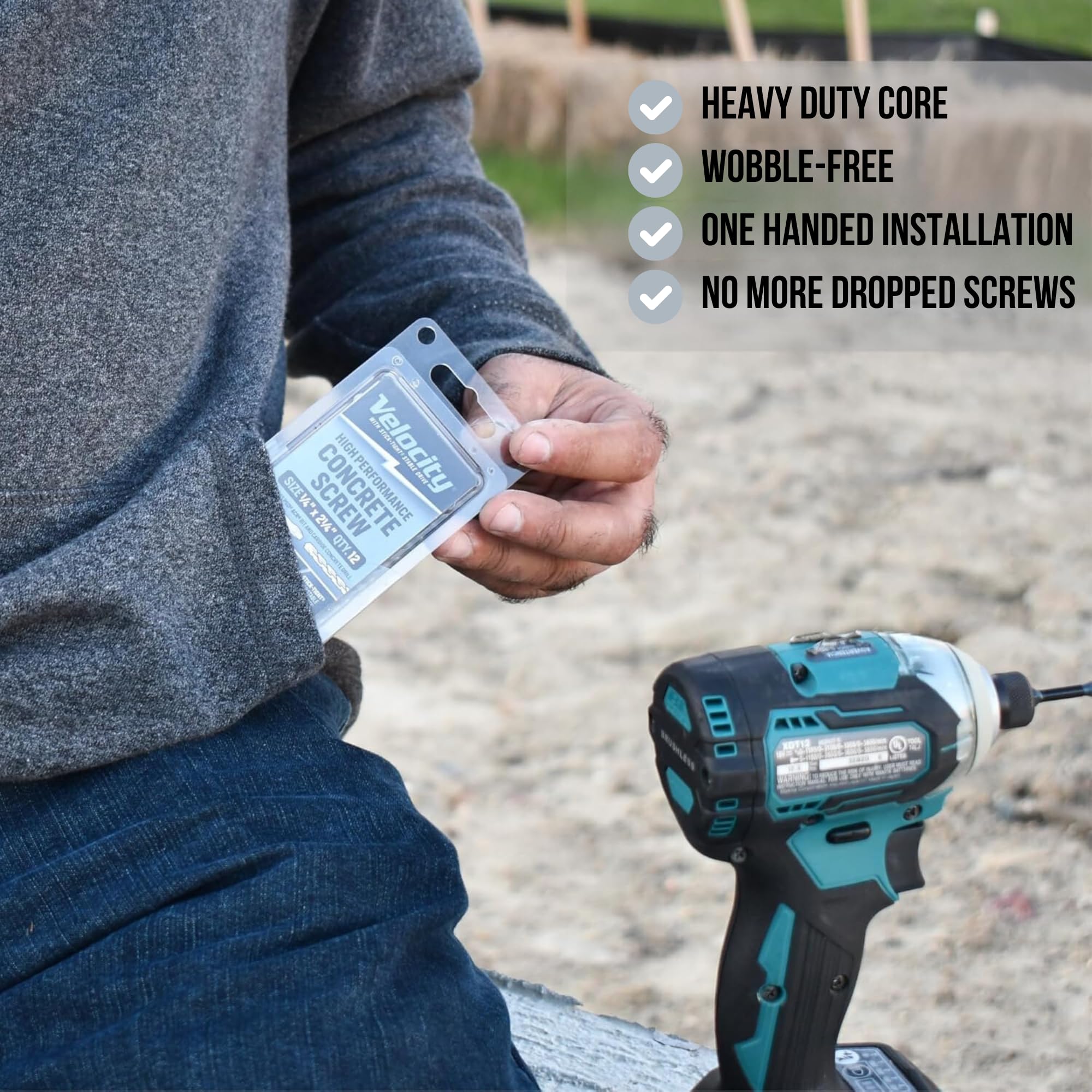 Velocity 2 1/4 Concrete Screws Set (Flat Head, 1/4") – Includes 12 Pcs High-Performance Masonry Screws, Stick Tight Technology, 1 PSD ACR Drive Bit and 1 Carbide Concrete Drill Bit Brick Screws - Image 3