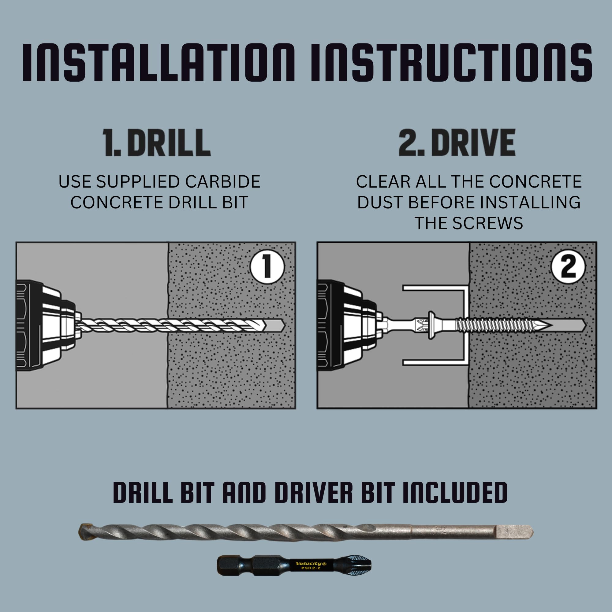 Velocity 2 1/4 Concrete Screws Set (Flat Head, 1/4") – Includes 12 Pcs High-Performance Masonry Screws, Stick Tight Technology, 1 PSD ACR Drive Bit and 1 Carbide Concrete Drill Bit Brick Screws - Image 4