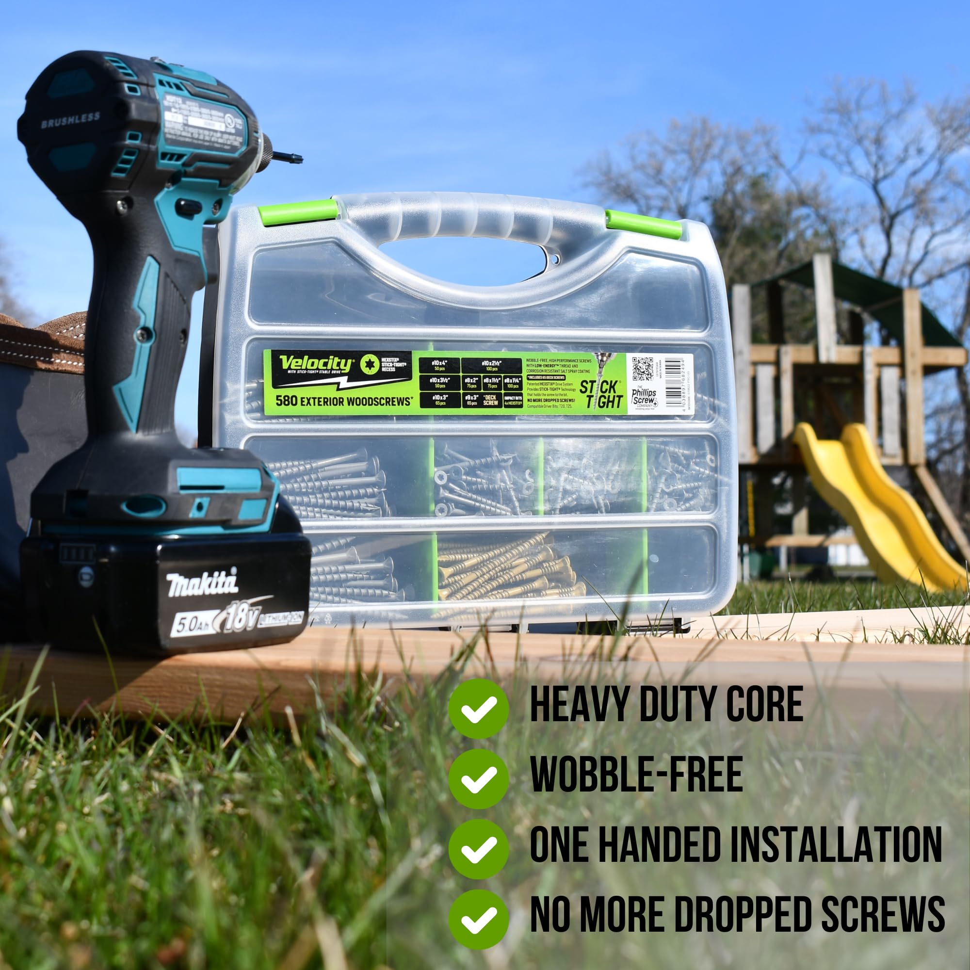 Velocity Exterior Wood Screws Site Case - Wood Screws Assortment Kit in 7 Sizes, Stick Tight Technology, Includes 4 Hexstix Drive Bits and Storage Organizer (580 Pieces) - Image 3