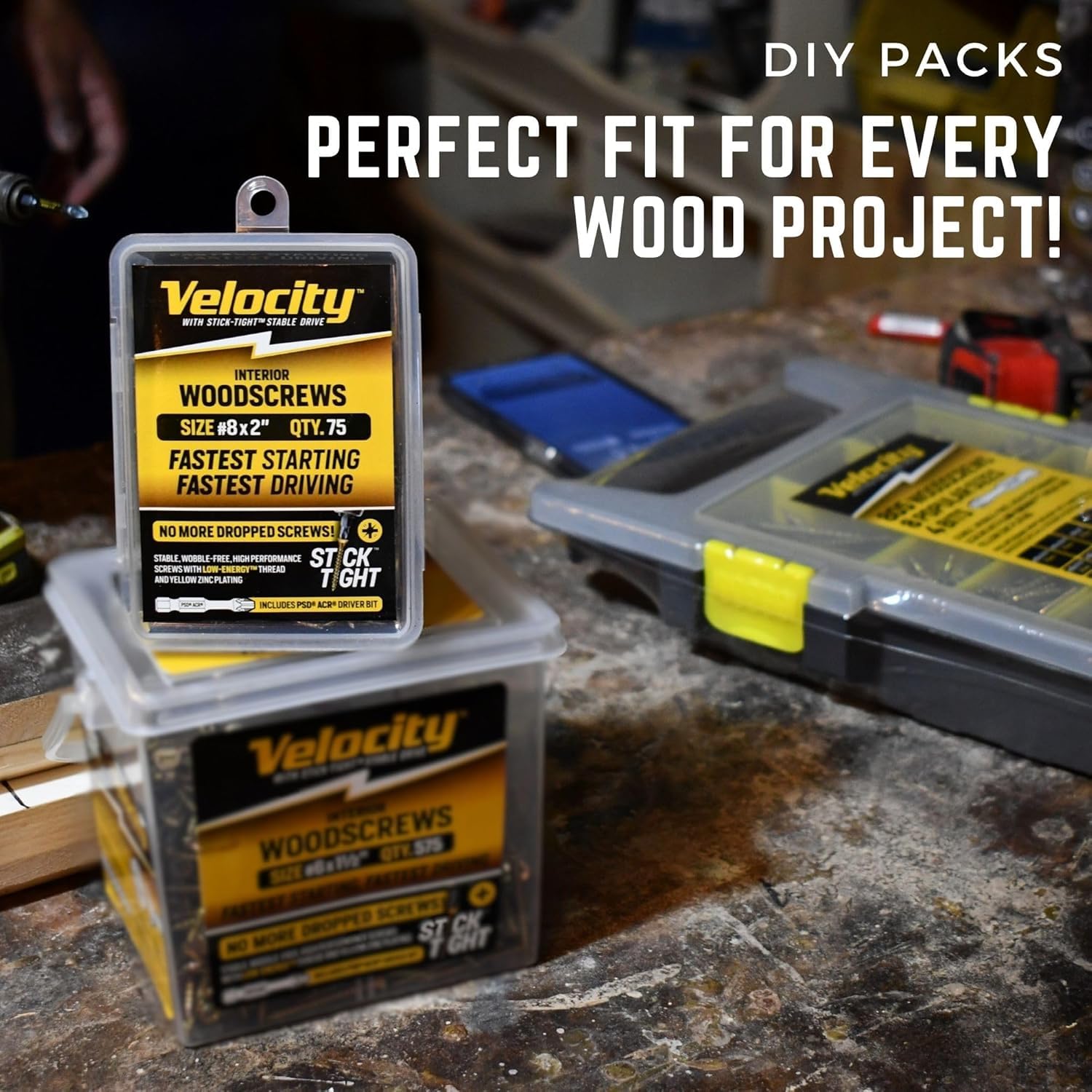 Velocity Interior 1 1/2 Wood Screws Contractor Pack (Size #8, 558 Pcs) – Self Tapping Screws with Phillips bits, Stick Tight Technology, Carbon Steel with Zinc Plating, Durable Storage Organizer - Image 3