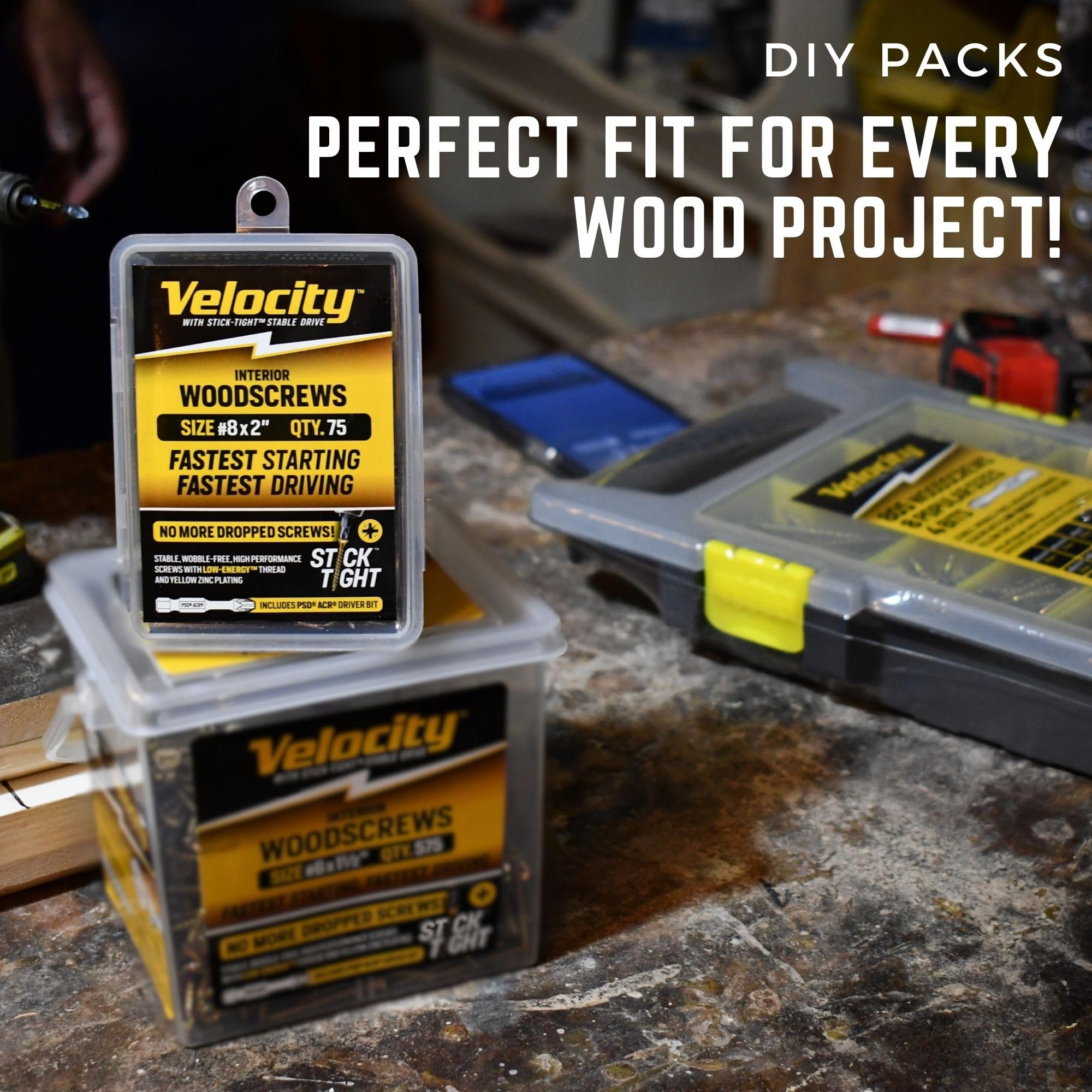Velocity Interior 1 Inch Wood Screws DIY Pack (Size #8, 280 Pcs) – Zinc and Yellow Coating, Stick-Tight Technology, Screw for Wood Working with PSD ACR Driver Bit - Image 3