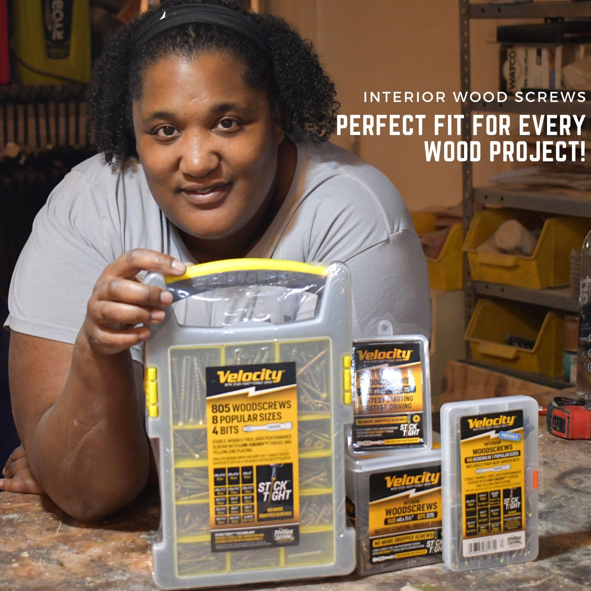 Velocity Interior Wood Screws Assortment Kit in 10 Sizes, Stick Tight Technology, Zinc Plated Carbon Steel, 4 PSD ACR Drive Bits, Set Screw Assortment Kit Storage Organizer (1225 Pieces) - Image 4